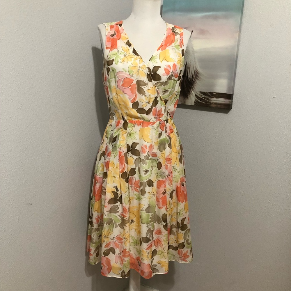 LOFT Floral Sleeveless Faux Wrap Dress multicolor size 2